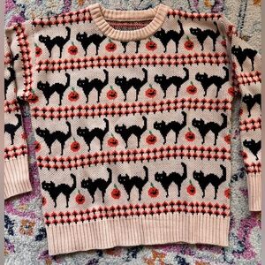 Halloween Black Cat Pumpkin Pattern Crewneck Knit Sweater
